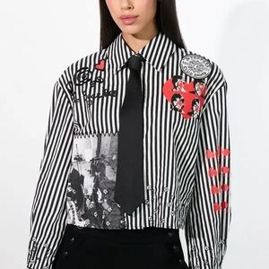 NWT ALICE + OLIVIA x Beatles Embroidered Striped Oversized Shirt